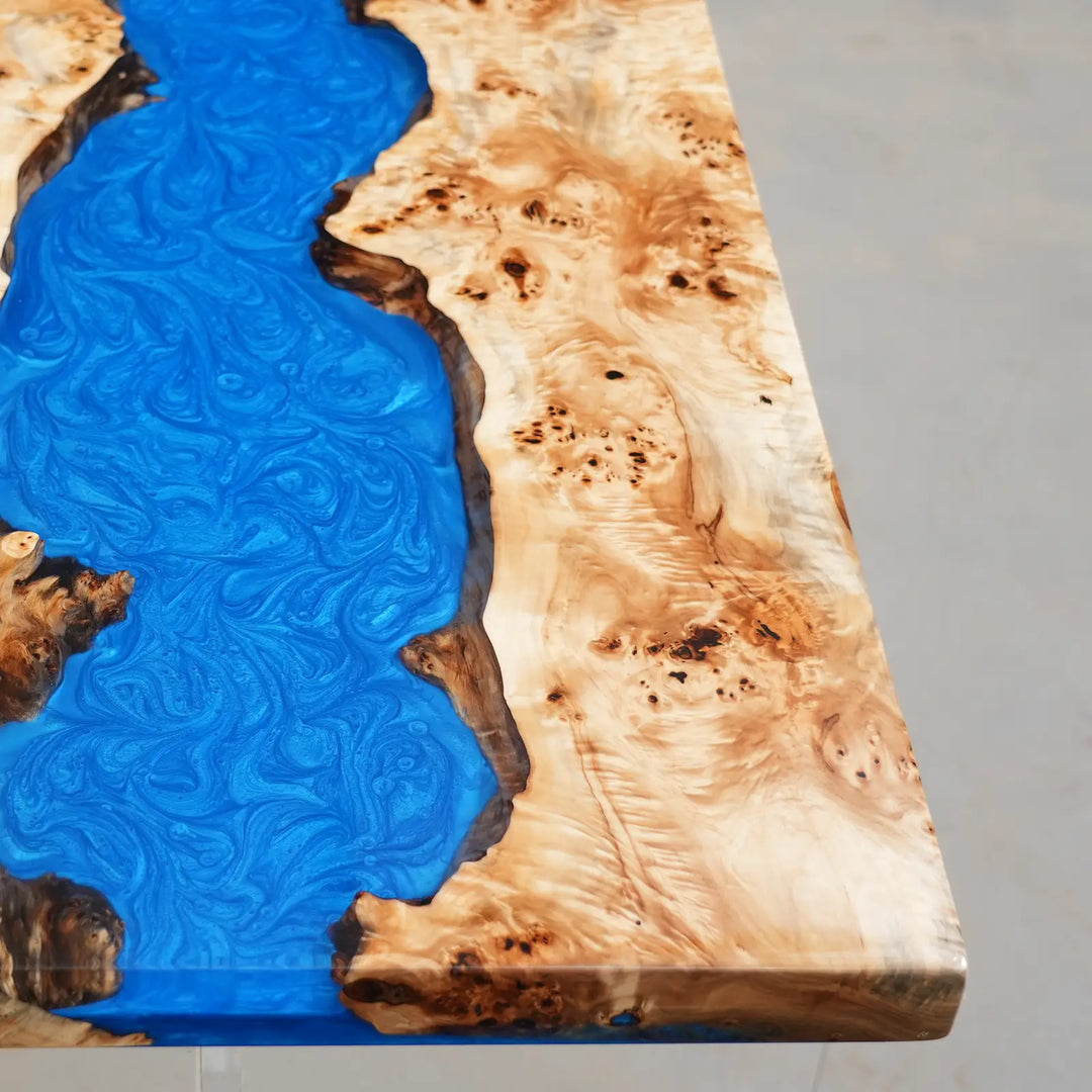 Rectangular poplar wood dining tabletop with blue epoxy resin river