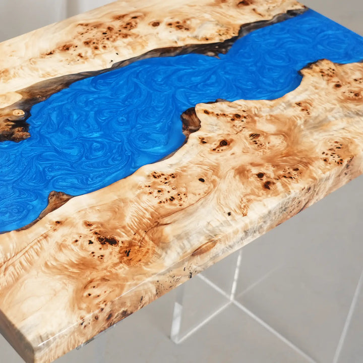 Blue resin river contrasting with warm natural poplar wood on CRT-402