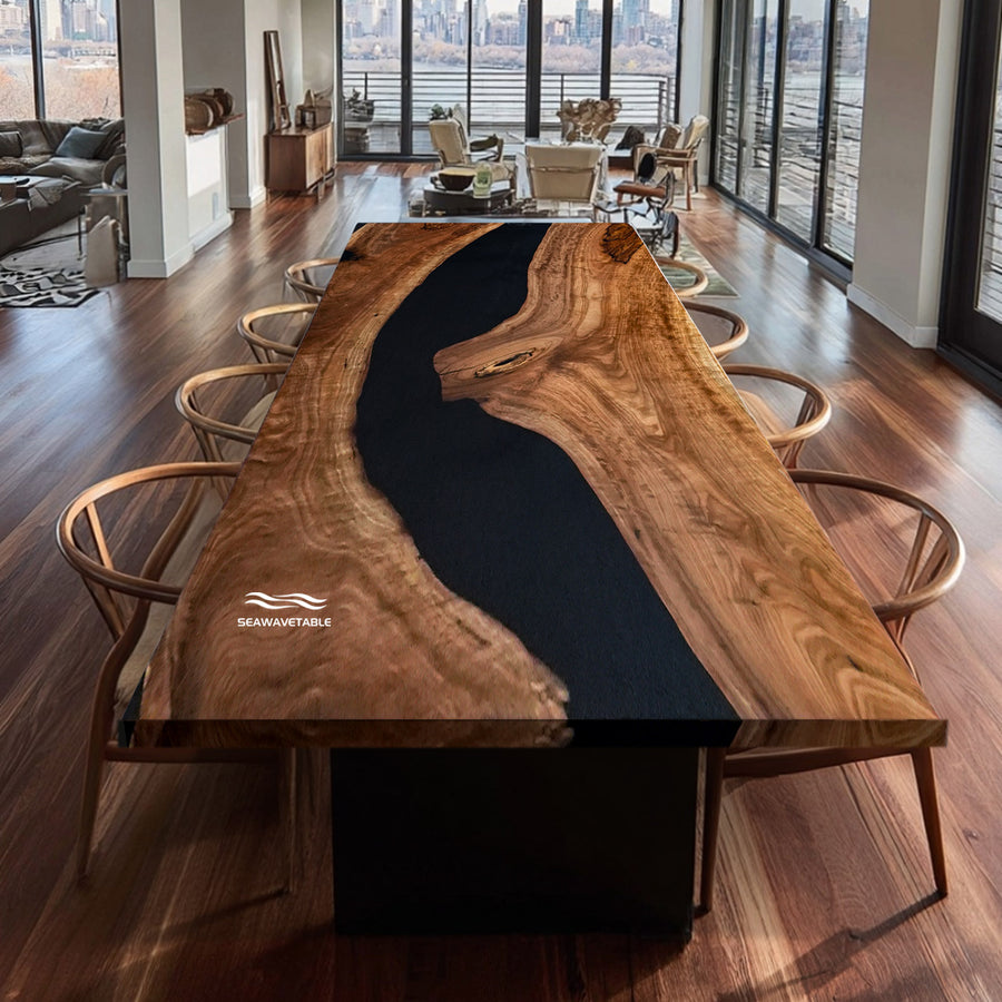 Los Angeles modern organic style black epoxy river dining table with live edge walnut slab design