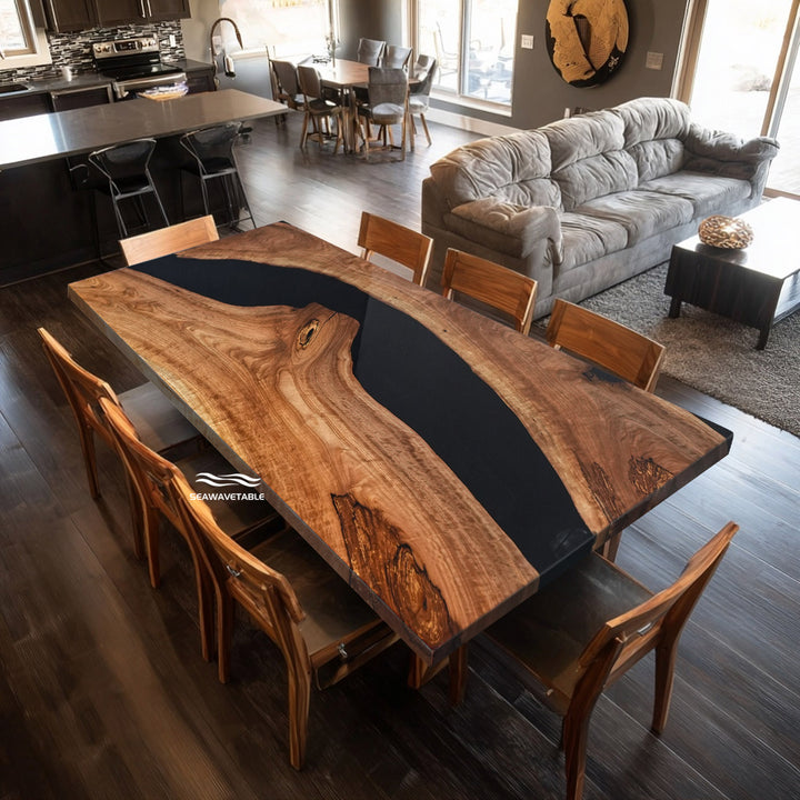 Luxury handcrafted wood dining table with black resin river in contemporary Los Angeles interior style