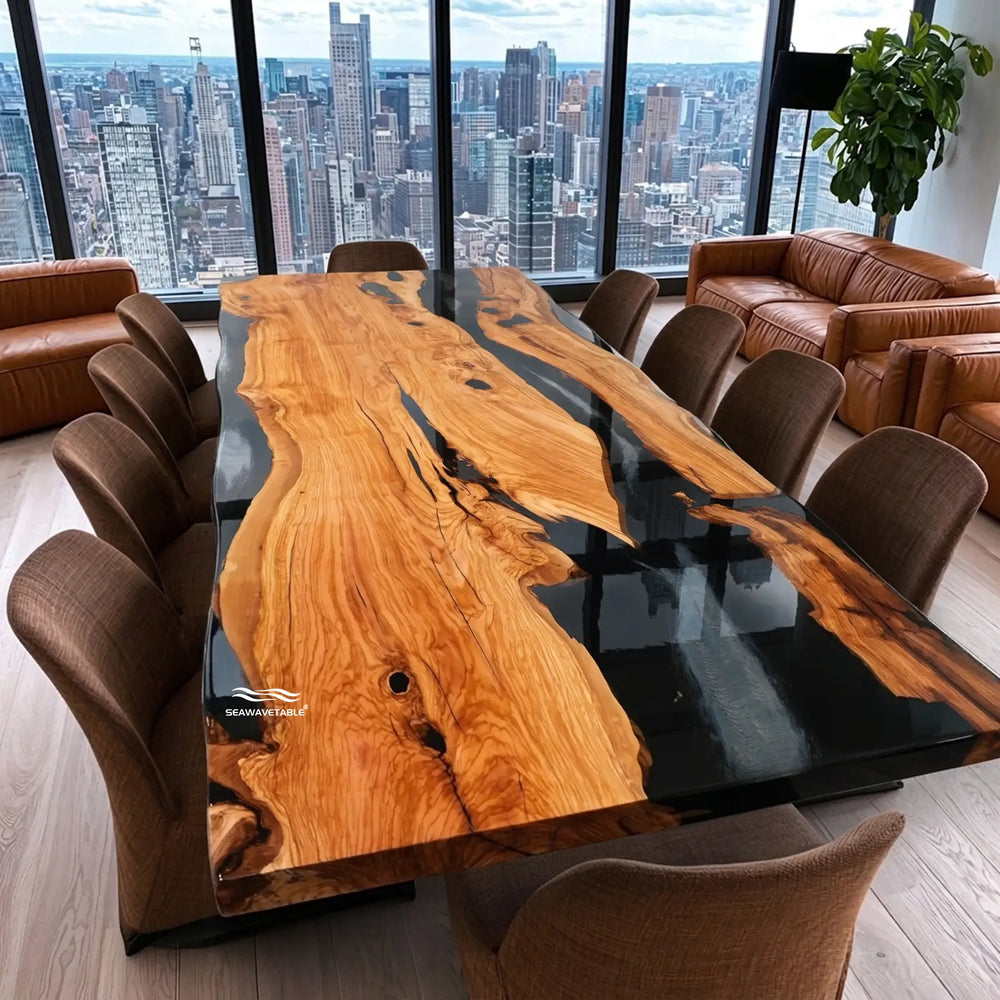 Los Angeles modern rustic olive wood dining table with black resin accents