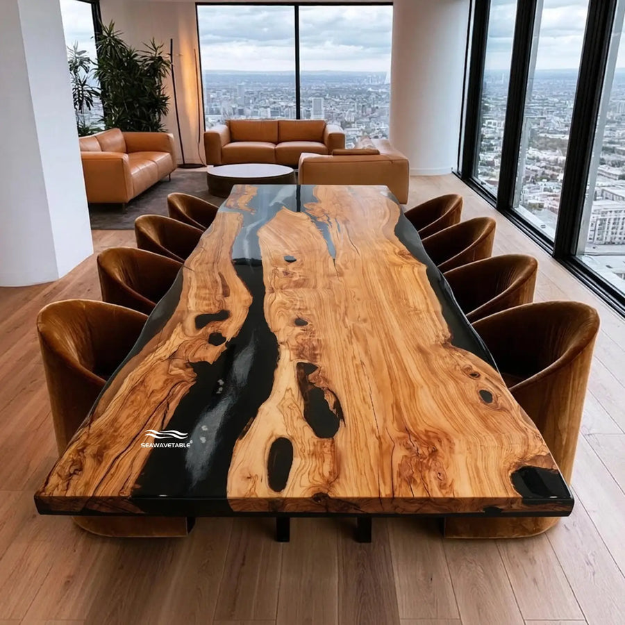 CRT-408 olive wood dining table with dramatic black epoxy resin river design