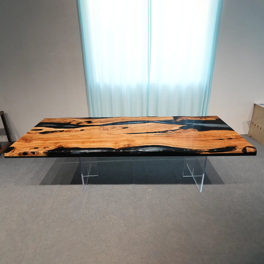 Handmade epoxy river dining table with natural olive wood grain patterns