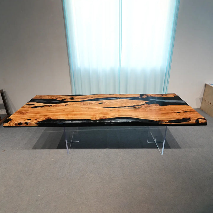 Handmade epoxy river dining table with natural olive wood grain patterns