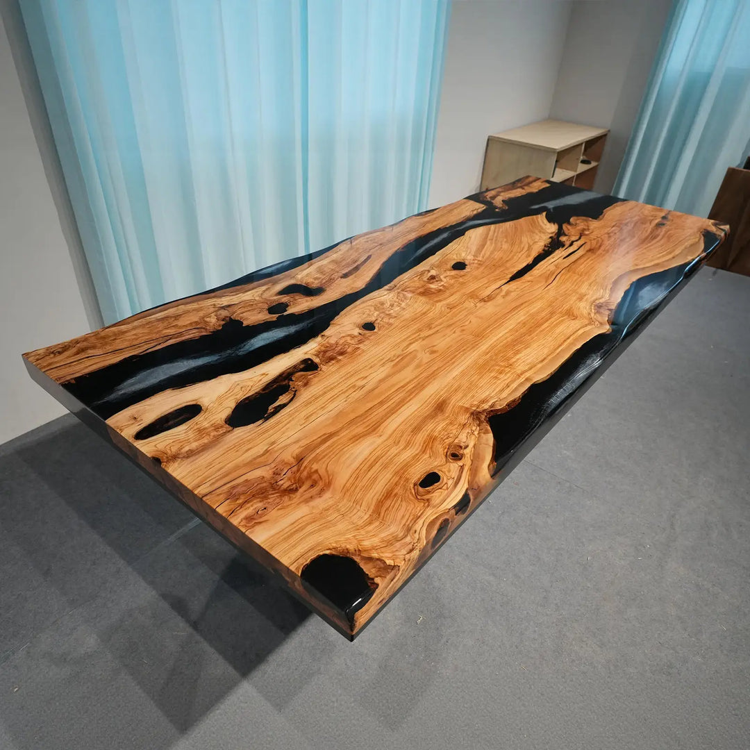 CRT-408 custom wood dining table with glossy black resin and warm golden tones
