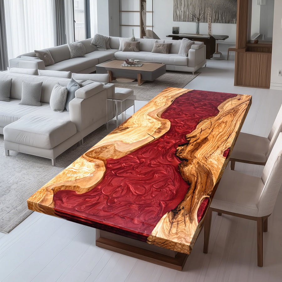 Handmade epoxy resin river table with olive wood and deep red resin swirl