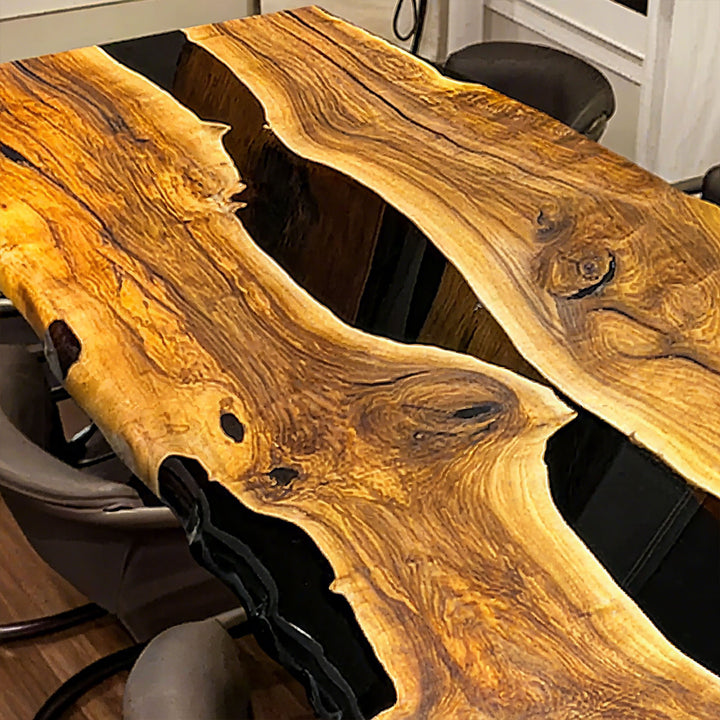 Epoxy resin table with customizable resin color and wood slab options