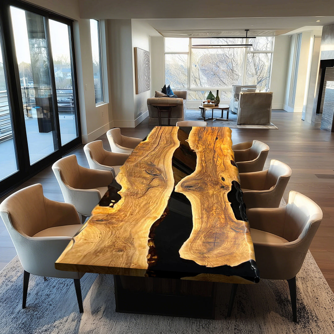Luxury epoxy resin dining table with natural walnut wood and black resin river
