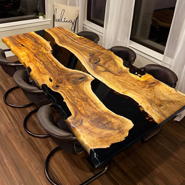 Custom epoxy dining table with live edge black walnut and glossy resin finish
