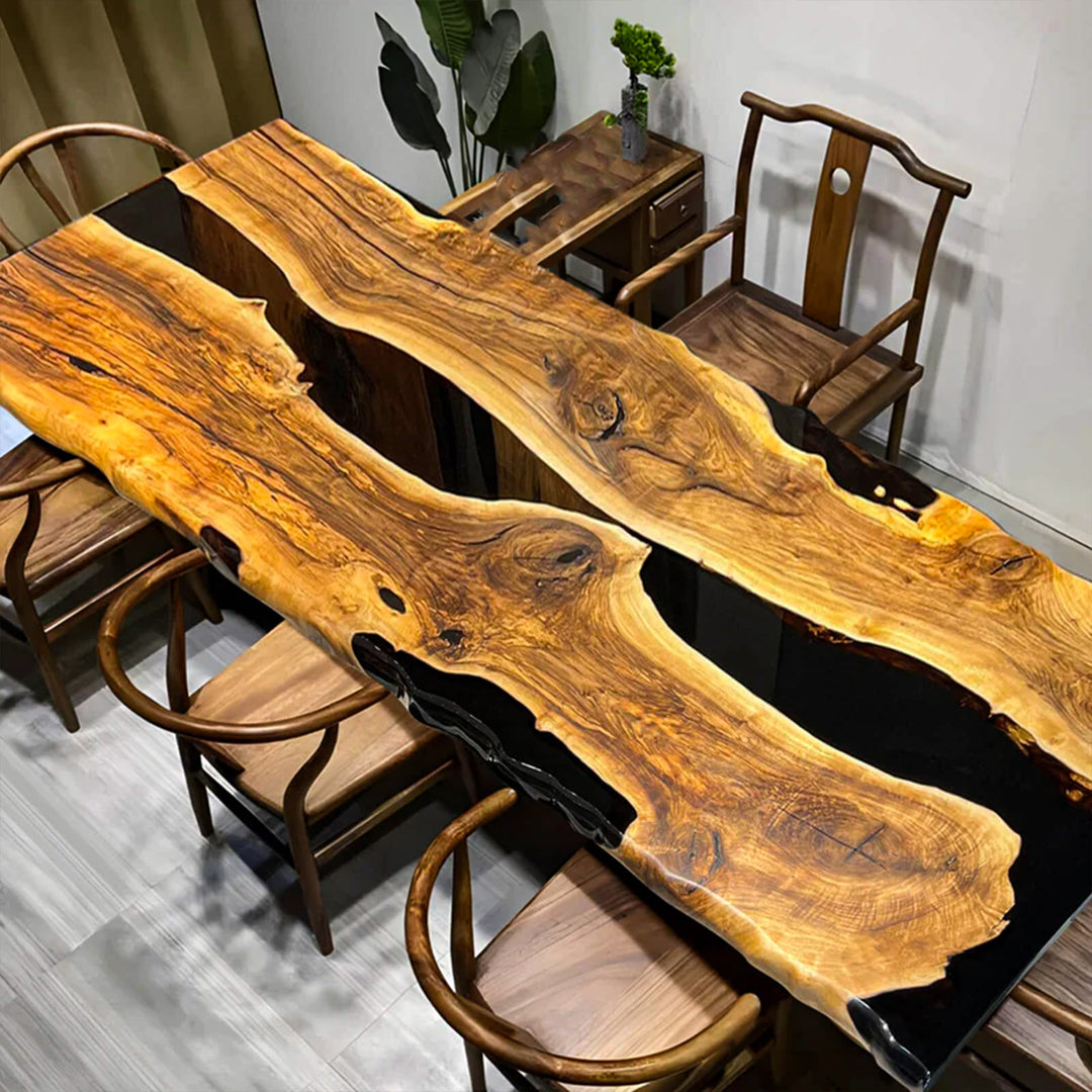 Modern epoxy resin table for dining room with elegant black resin river