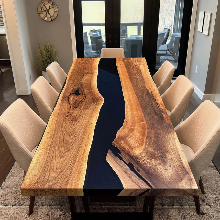 Luxury walnut epoxy resin river dining table with black resin center.