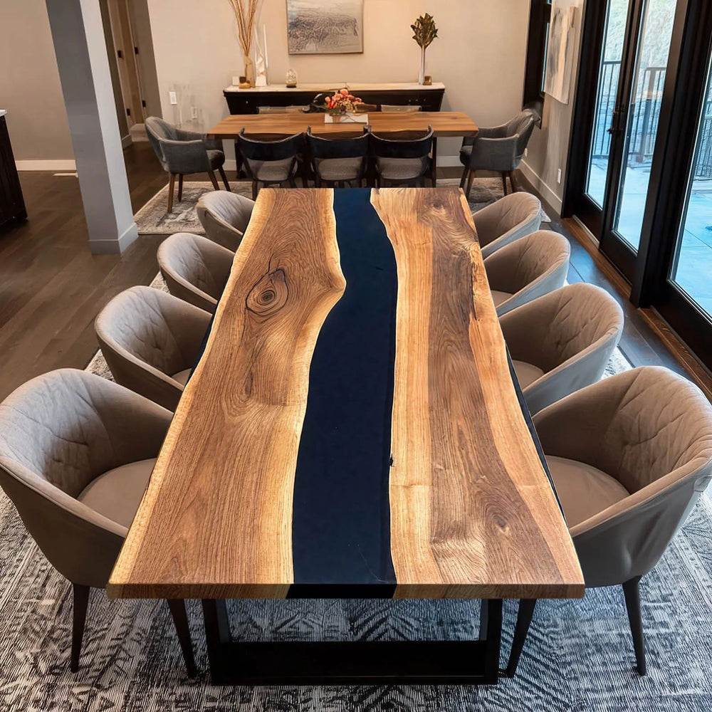 Custom handmade epoxy resin dining table with walnut wood slabs and black river