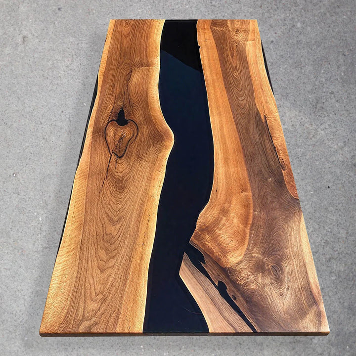 Straight edge walnut epoxy resin dining table with unique river pattern