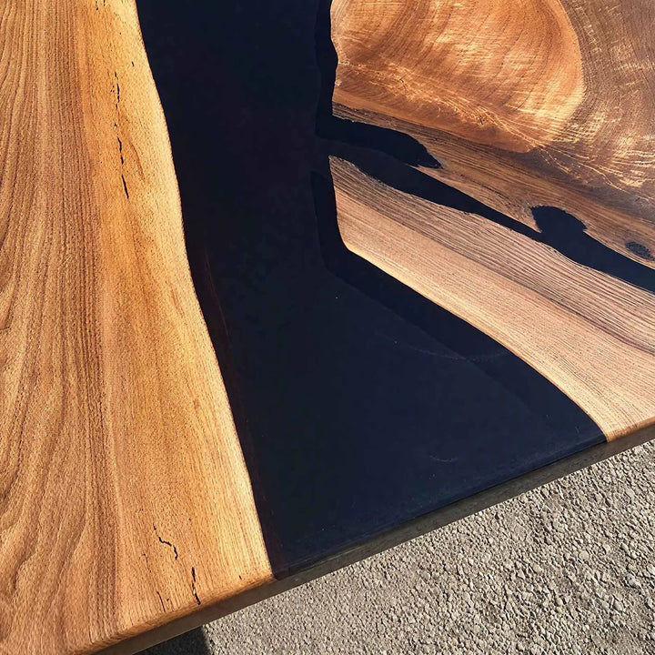 Custom-made epoxy resin dining table with straight edge walnut design