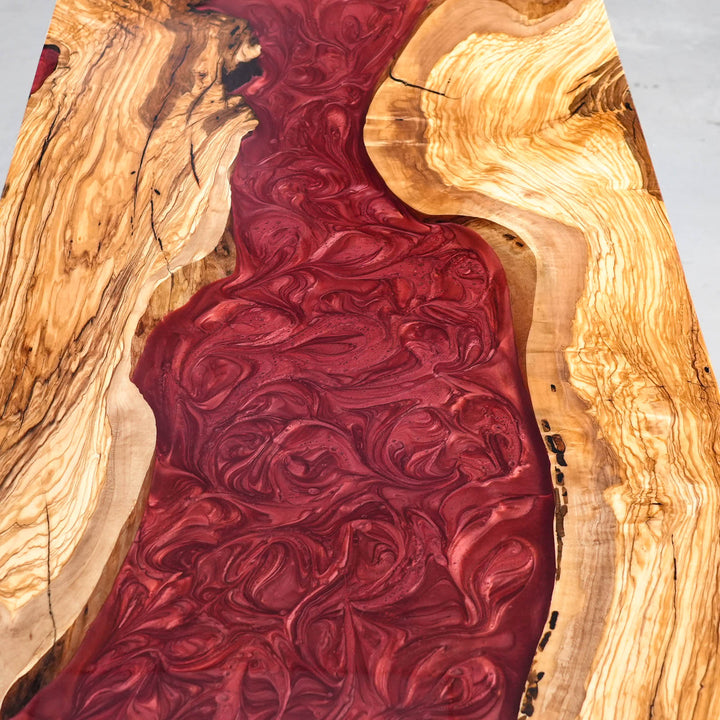Modern luxury dining table with epoxy resin in bold red and straight edge wood