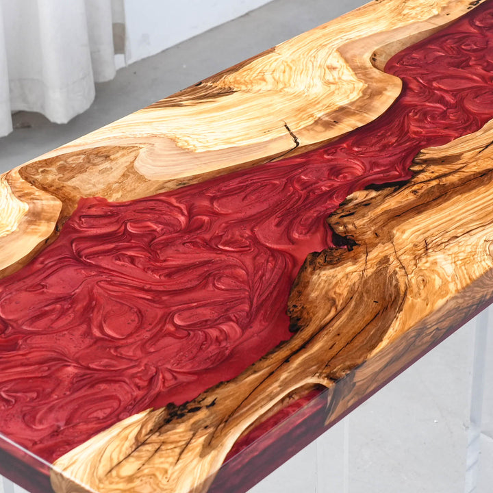 High-end epoxy resin table with natural hardwood and artistic red resin flow