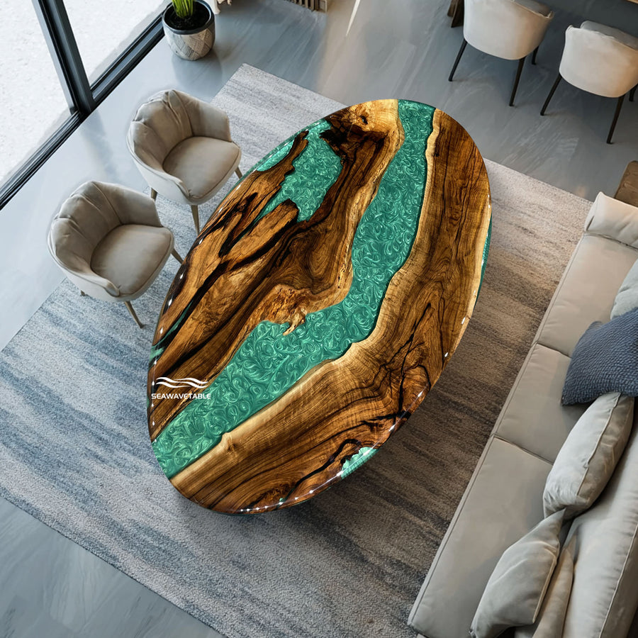 Luxury oversized resin river dining table handcrafted with walnut wood and epoxy finish