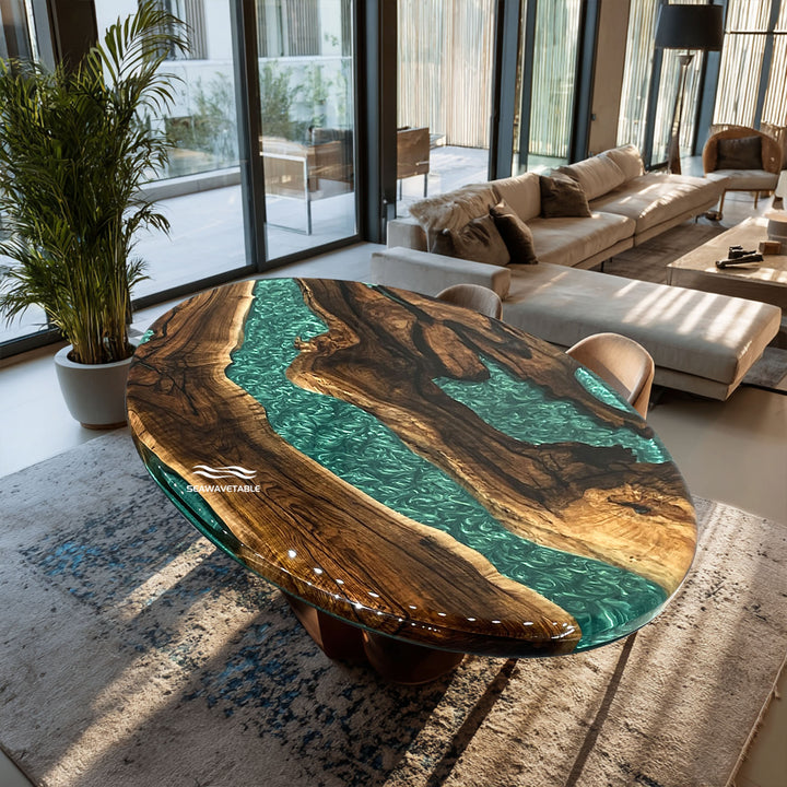 Modern epoxy resin river table designed for luxury interiors and villas