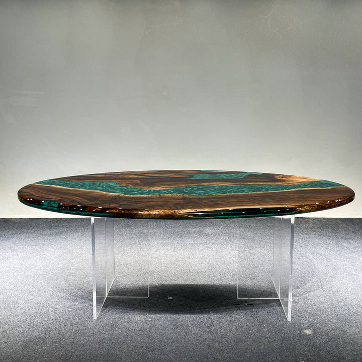 Elegant oval resin river dining table with black walnut base