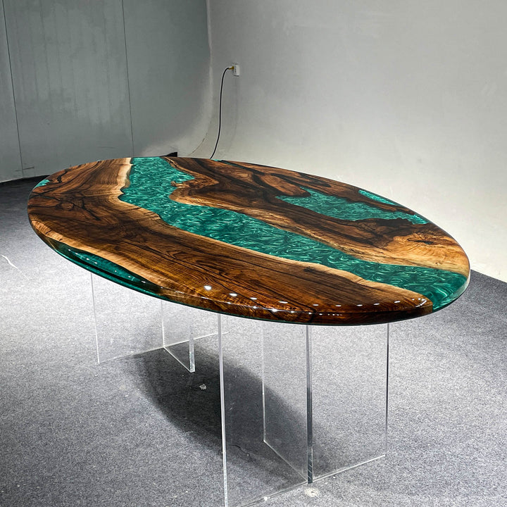 Large luxury dining table with transparent resin and rare black walnut wood slab