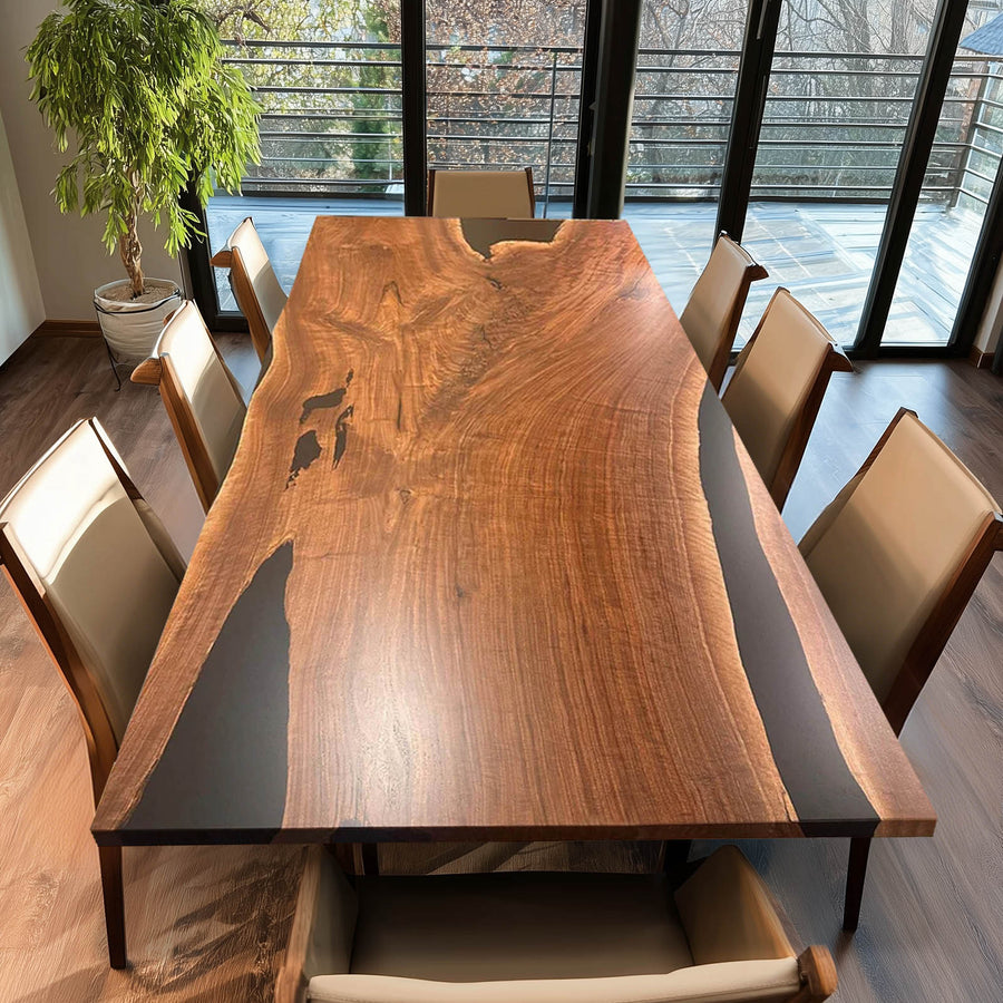 Handmade walnut epoxy resin dining table with natural grain