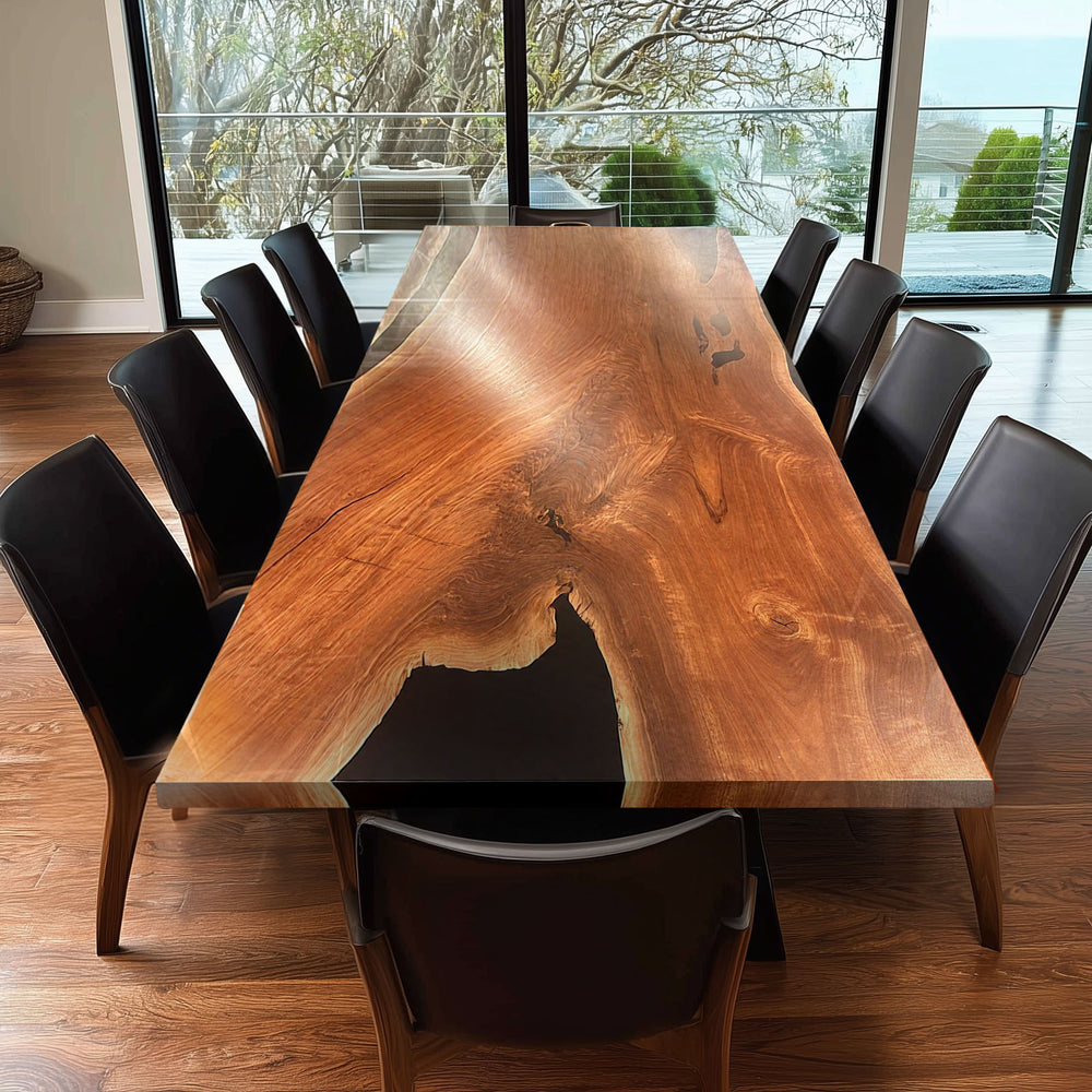 Custom epoxy river table featuring live edge walnut wood