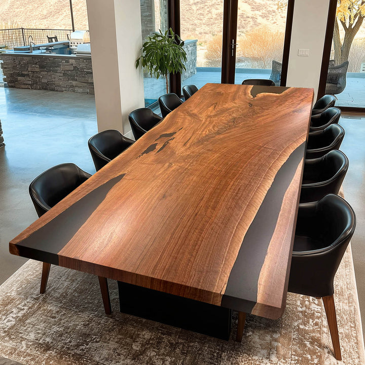 Modern walnut epoxy dining table with sleek resin inlay