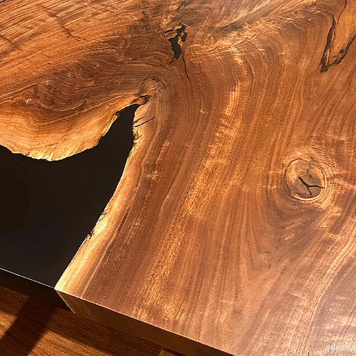 Premium walnut epoxy dining table with black resin details