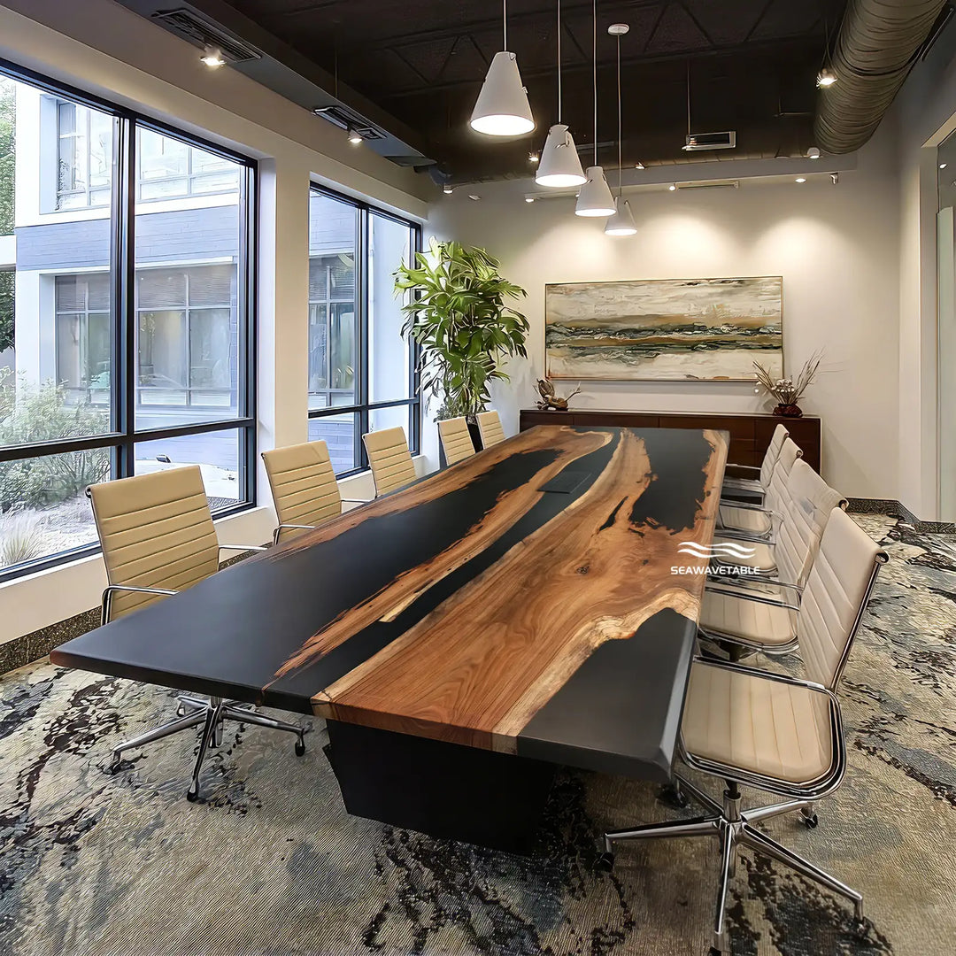 Spacious conference room with a large black walnut table with epoxy top, combining natural wood texture and modern office style - SeaWaveTable