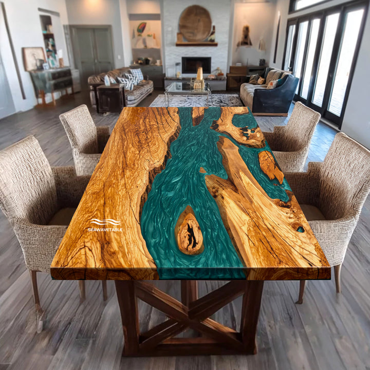 Malibu Coastal style straight edge dining table with ocean teal epoxy resin river.