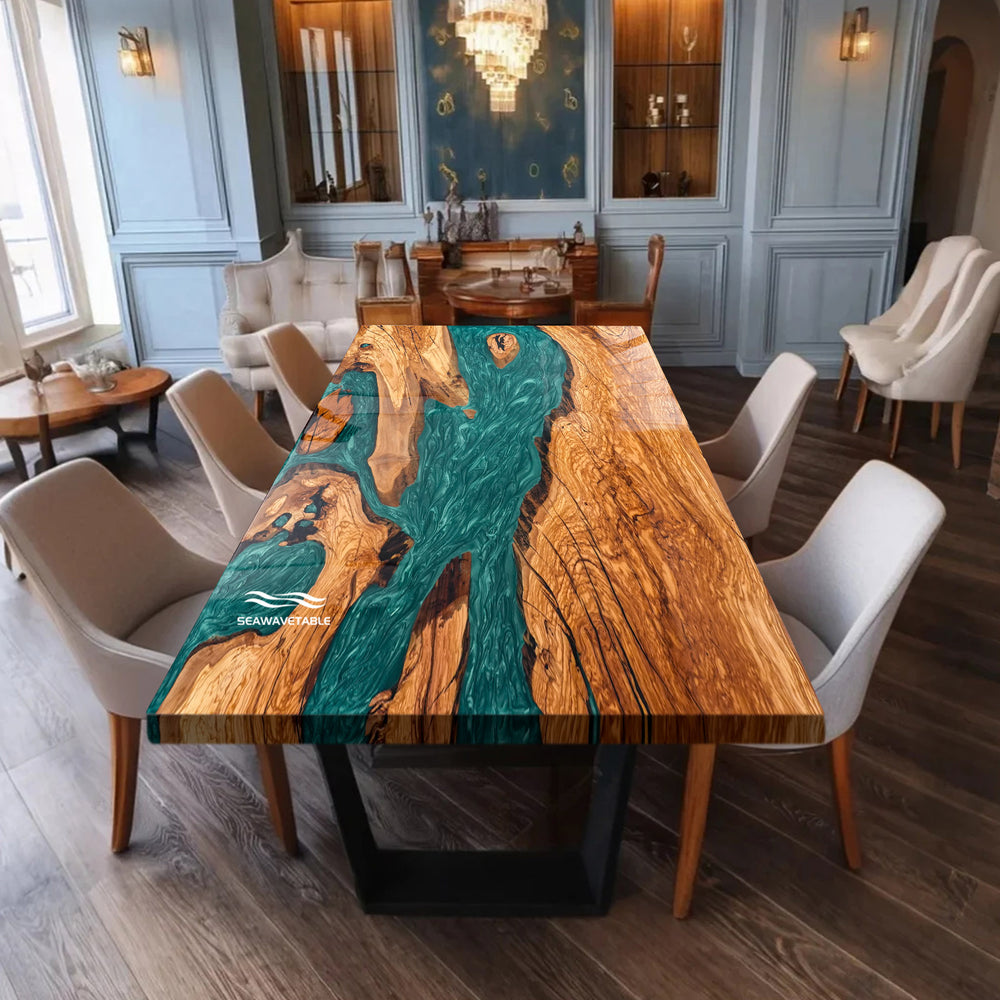 Handcrafted walnut and turquoise resin river table for luxury waterfront homes.
