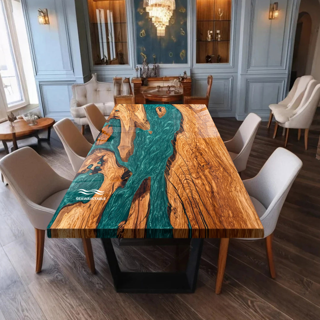 Handcrafted walnut and turquoise resin river table for luxury waterfront homes.