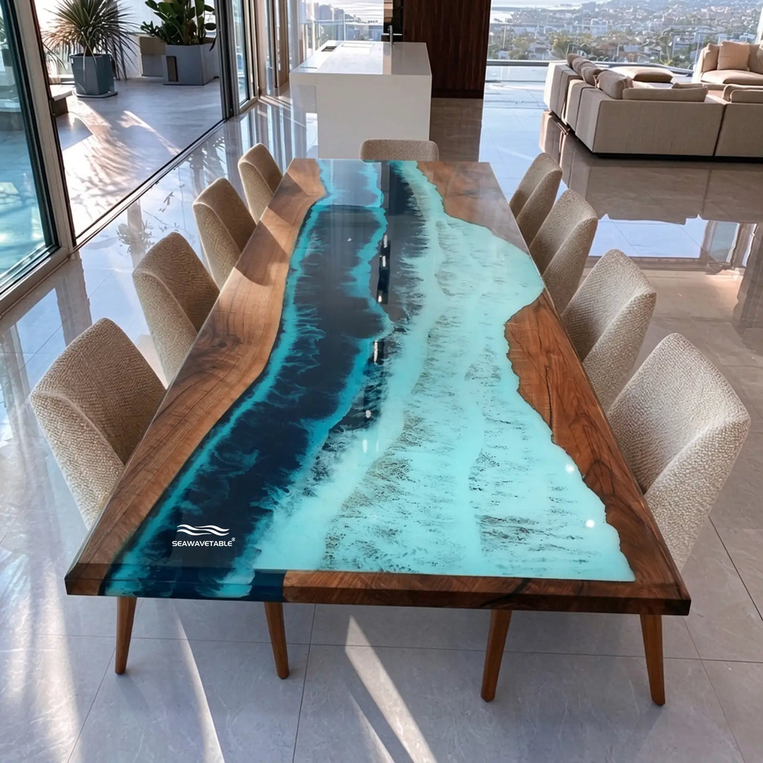 Malibu ocean blue epoxy black walnut dining table with integrated LED lighting – CRT-406