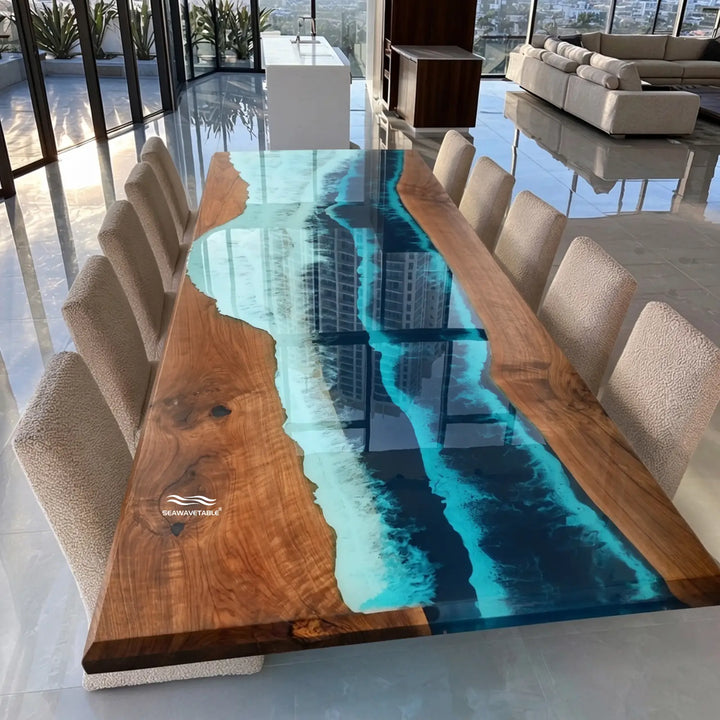 Contemporary black walnut dining table featuring a vibrant turquoise and navy blue epoxy river