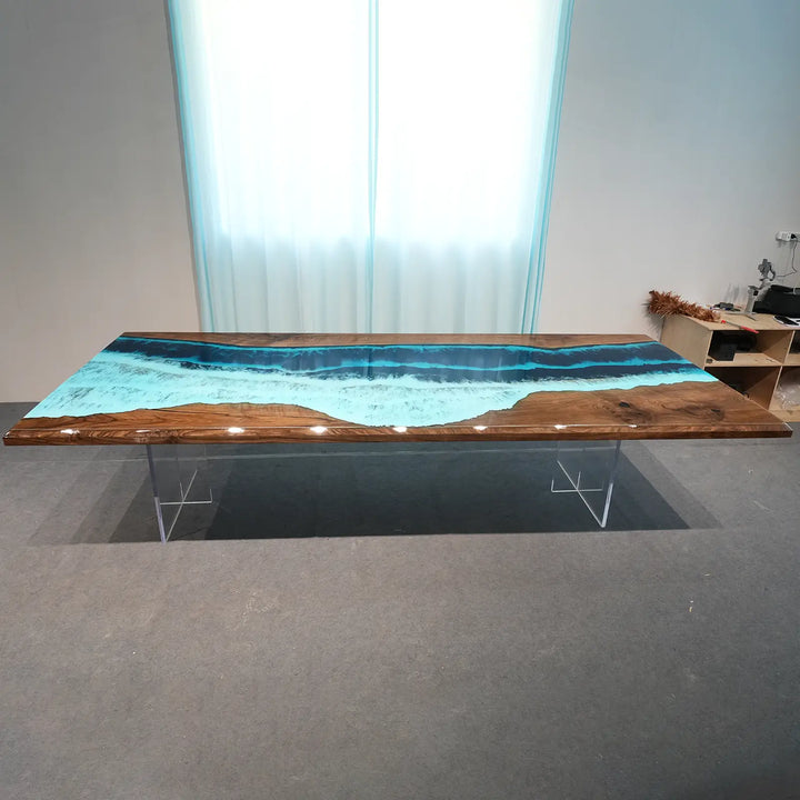 Handcrafted black walnut river dining table with blue epoxy resin and integrated LED light strip