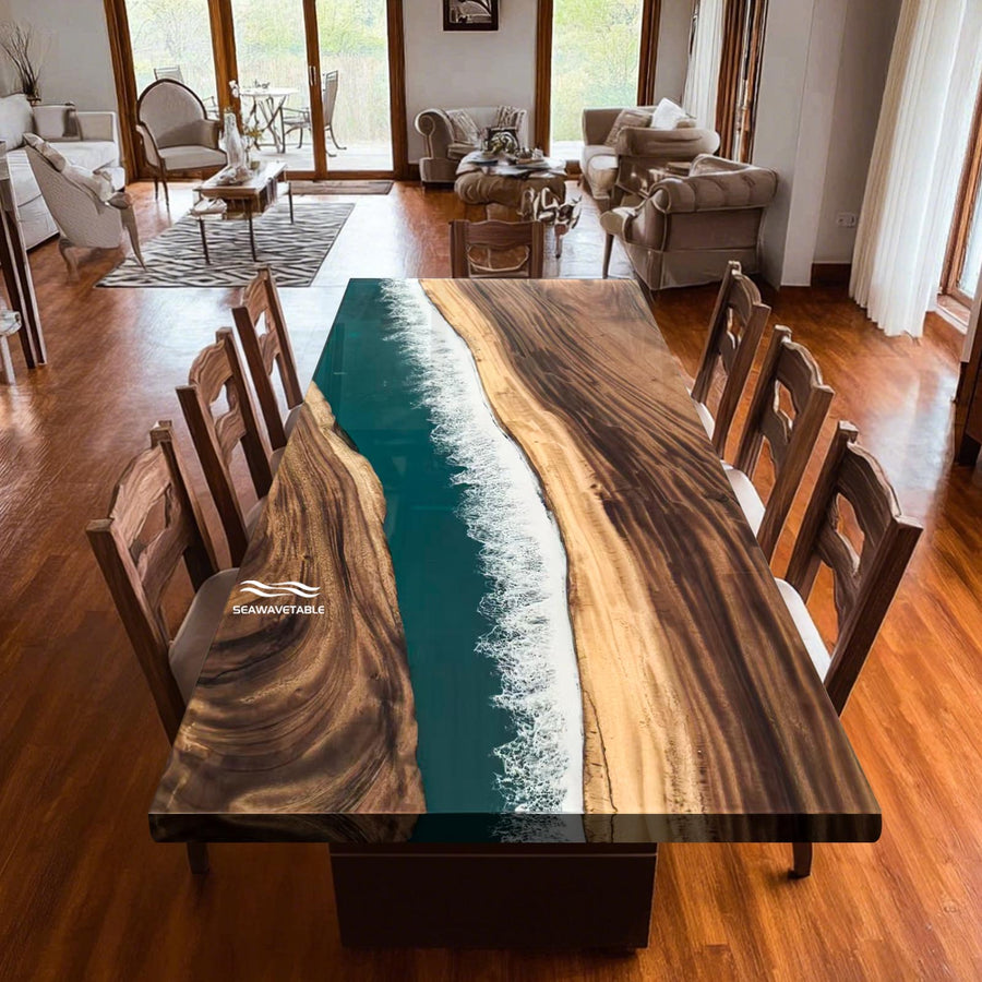 Malibu Luxury Ocean Wave Resin River Table - Straight Edge Walnut Dining Table