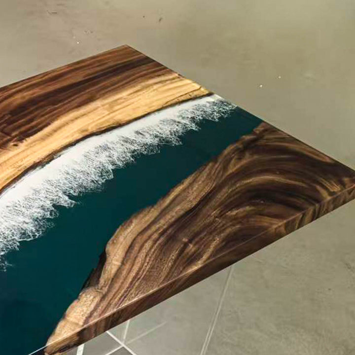 CRT-271: Premium walnut and resin dining table showcasing a breaking ocean wave effect.