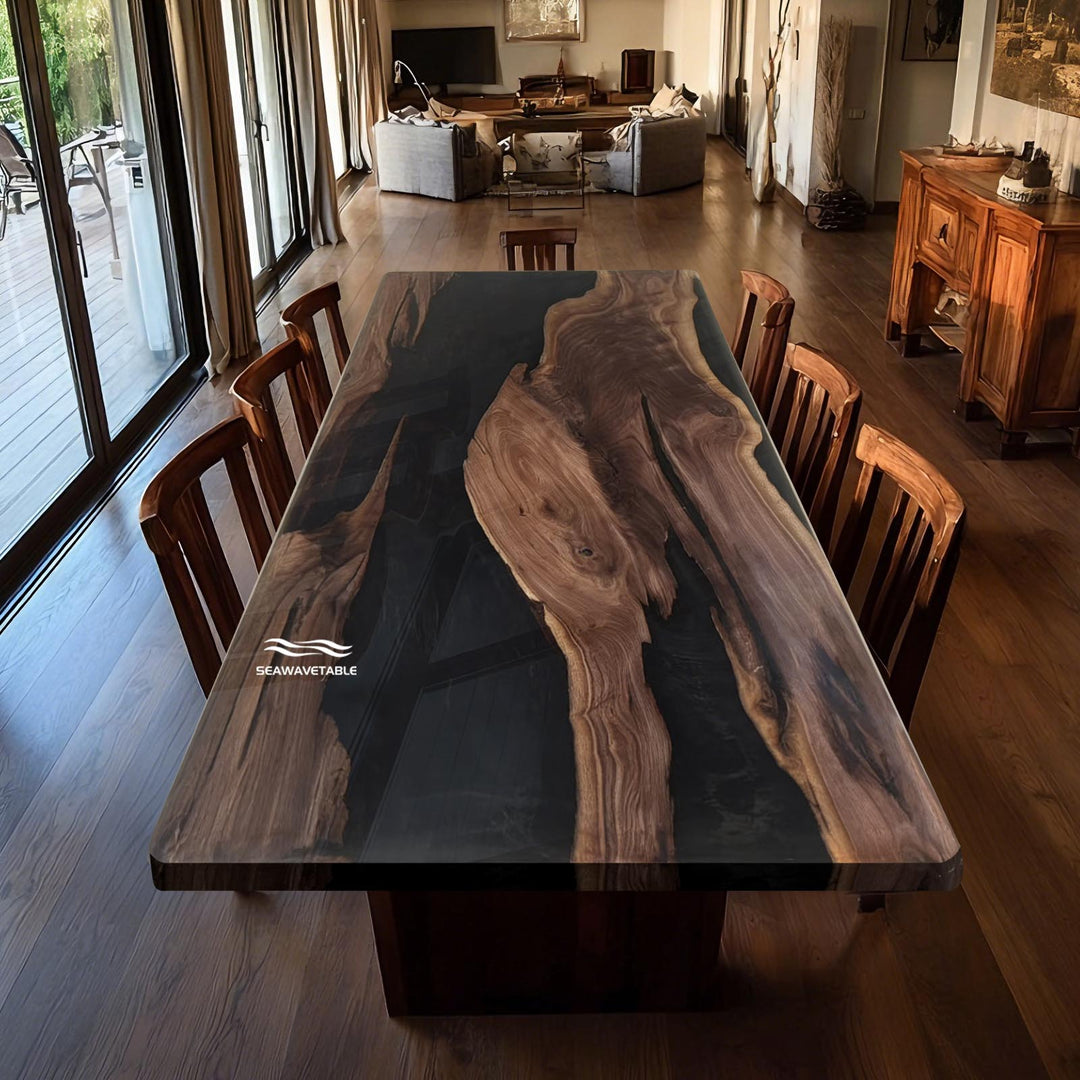 CRT-280 Manhattan Sophisticate black walnut resin river table in a luxury urban dining room.