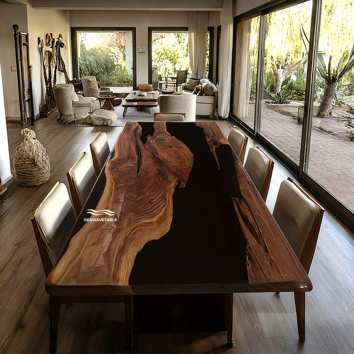 CRT-280 Manhattan Sophisticate black walnut resin river table in a luxury urban dining room.