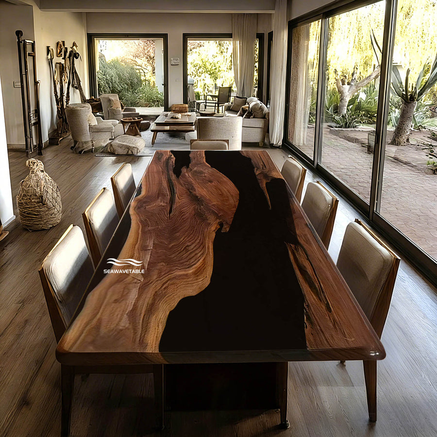 CRT-280 Manhattan Sophisticate black walnut resin river table in a luxury urban dining room.