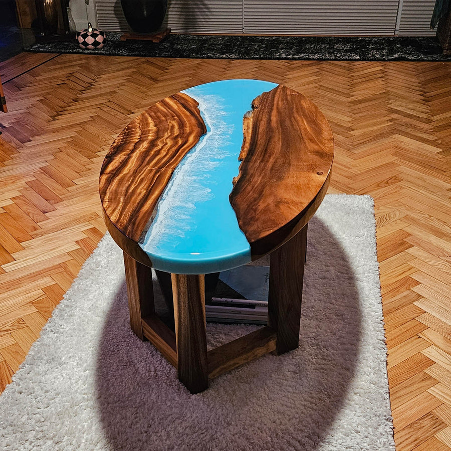 Walnut blue resin river coffee table with Miami beachfront style