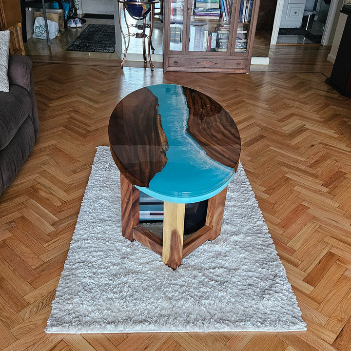 High-gloss walnut epoxy coffee table with ocean wave pattern