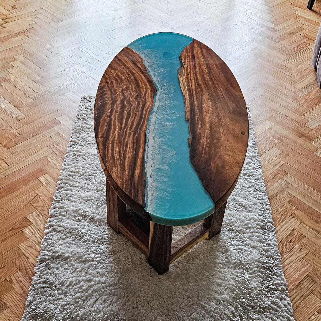 Artisan handcrafted walnut and resin coffee table design
