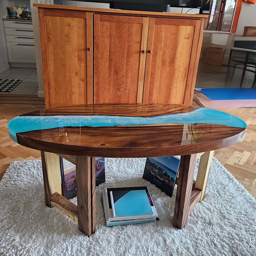 Coastal modern resin river table inspired by Miami shoreline