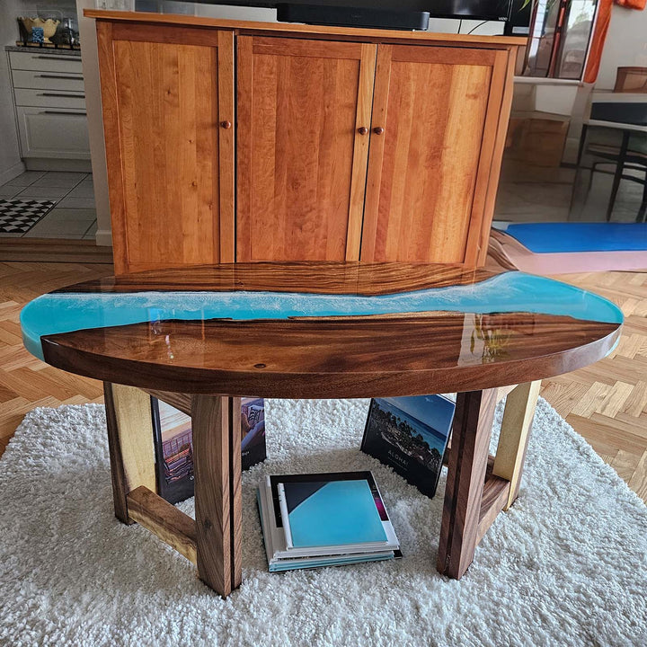 Coastal modern resin river table inspired by Miami shoreline