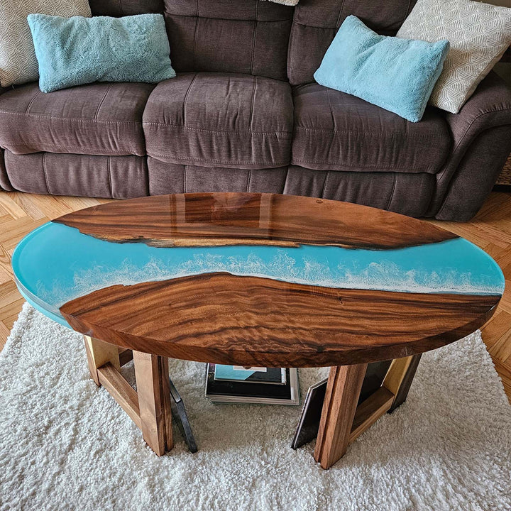 Unique walnut wood table with tropical blue resin artwork