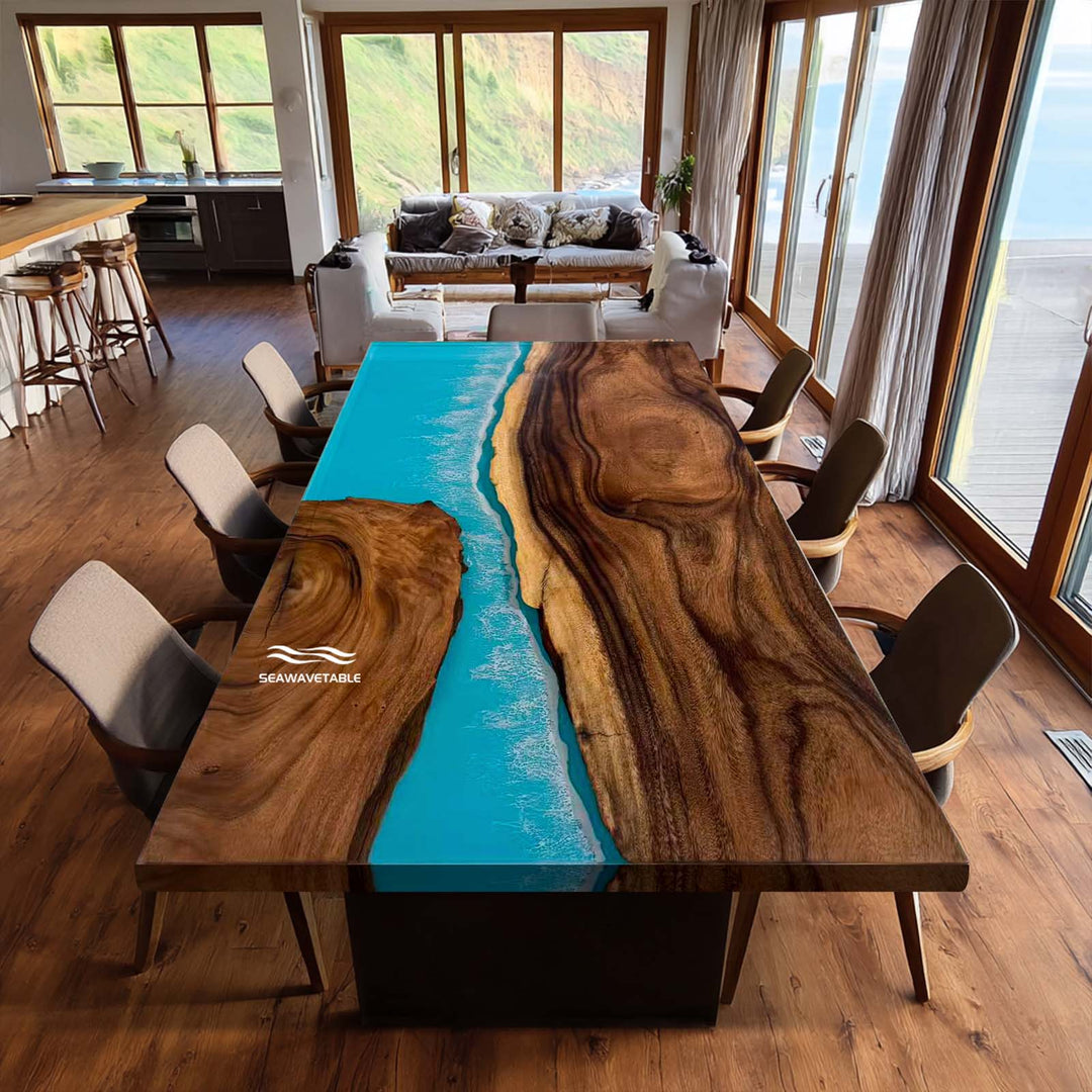 Miami coastal blue epoxy river table in luxury waterfront home