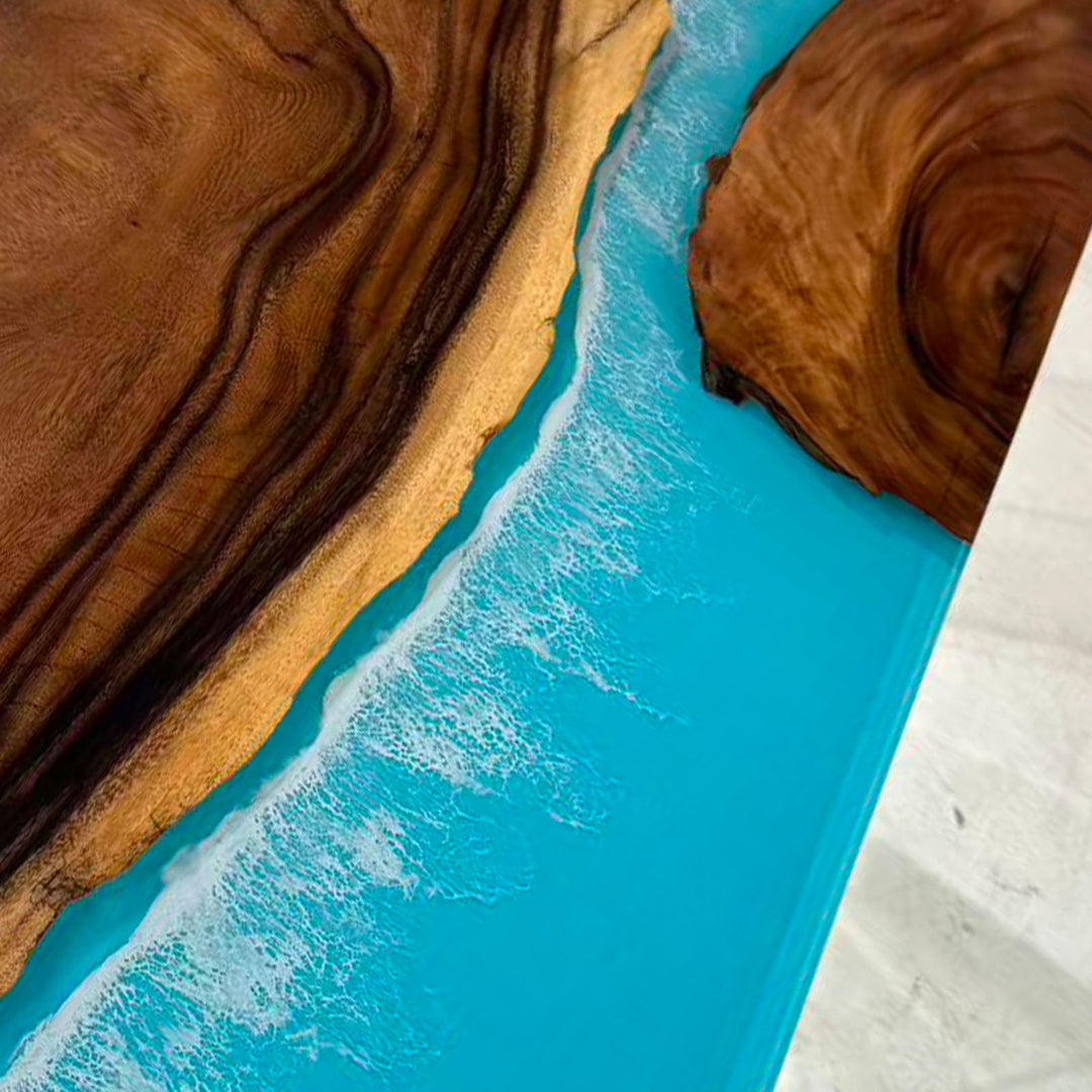 Custom walnut epoxy river table Miami luxury home