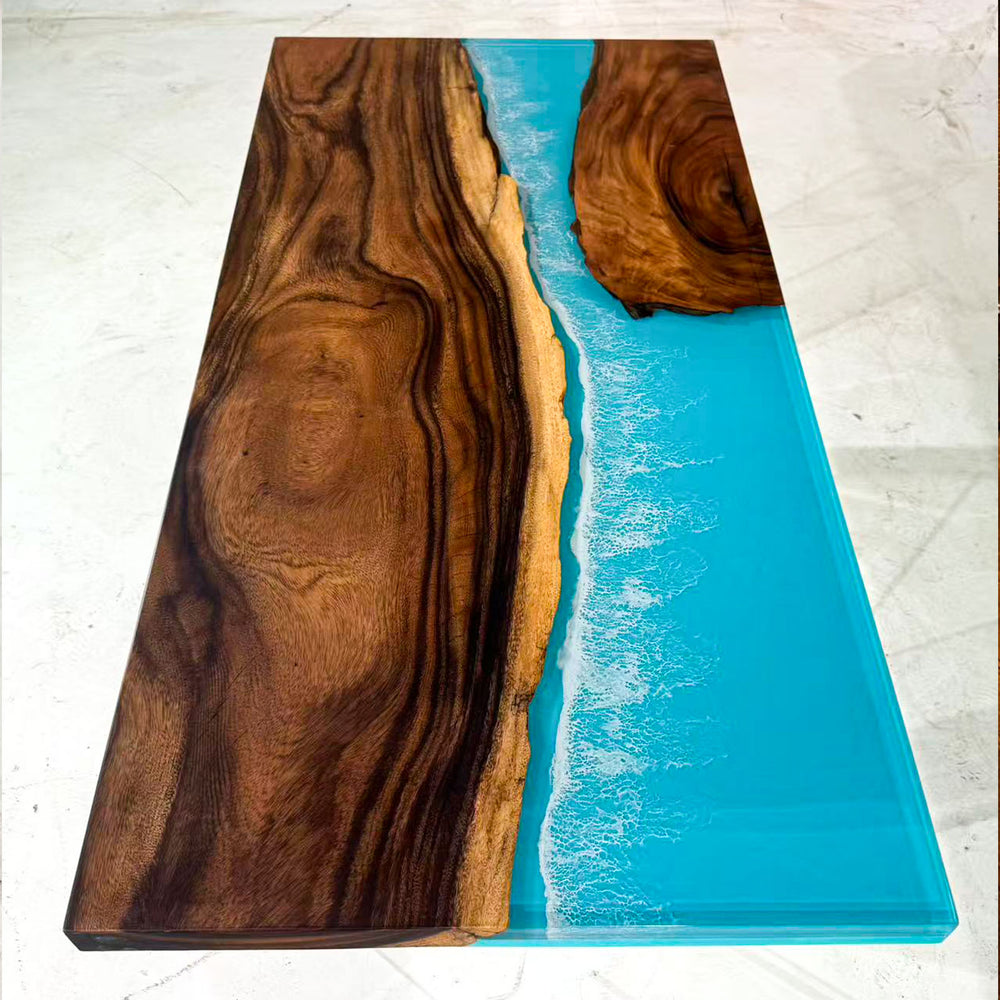 Miami walnut epoxy river dining table for modern coastal interior