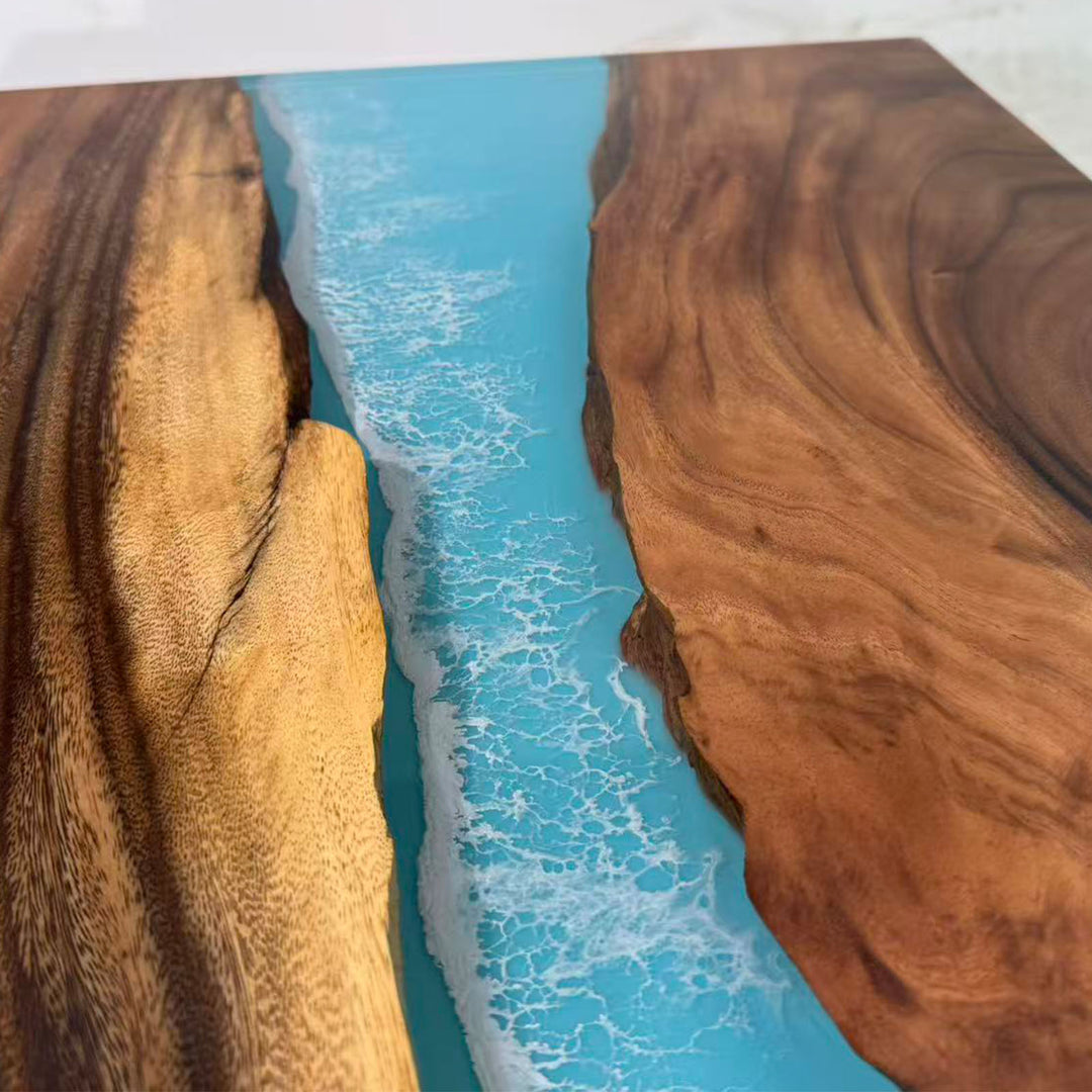 Coastal style epoxy river table for Miami modern residence